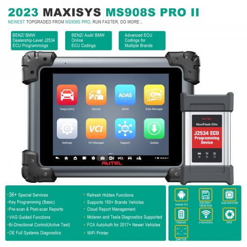 Autel MaxiSYS MS908S PRO II MS908S Pro2 Diagnostic Scan Tool J2534 ECU Programming for Benz& BMW Coding 36+ Services Active Tests FCA Autoauth