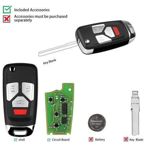 5pcs/Lot Xhorse XKAU02EN VVDI Flip Key Universal Remote Key Wired For Audi Type 3+Panic