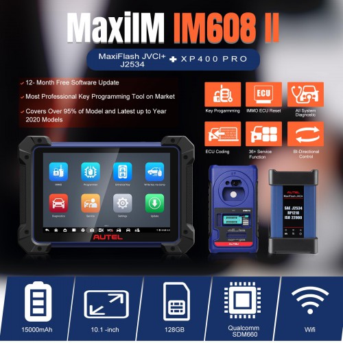 Autel MaxiIM IM608 PRO II Key FOB&Immobilizer Programming Tool Android 10 OE ECU Coding Bidirectional 36+ Services FCA SGW Free 2 OTOFIX Watches