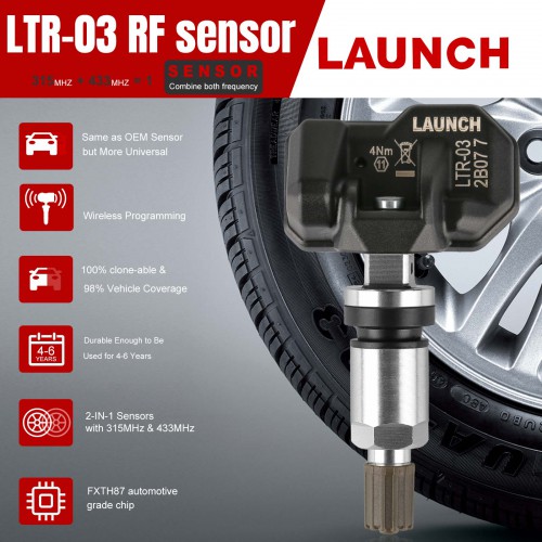 Launch LTR-03 RF Sensor 315MHz & 433MHz TPMS Sensor Tool Metal & Rubber Provides 98% Vehicle Coverage