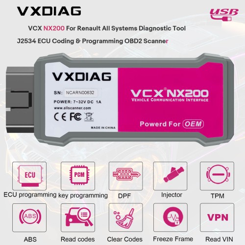 [EU Ship] VXDIAG VCX NX200 for Renault Clip V219 OBD2 Scanner All Systems Diagnosis Bi directional Support ECU Coding/Programming USB Connection
