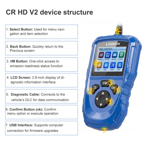 Launch CR HD V2 New Generation Heavy-duty Truck Tool Standard Configuration Supports J1708/ J1939/ J1979/ J1850/ PWM and VPW Protocols