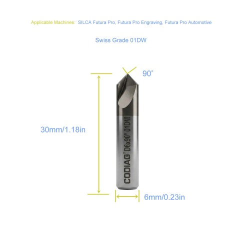 5Pcs GODIAG 01DM 90° Dimple Cutter φ6x30Lx90°x2F For SILCA Futura Pro, Futura Pro Engraving, Futura Pro Automotive