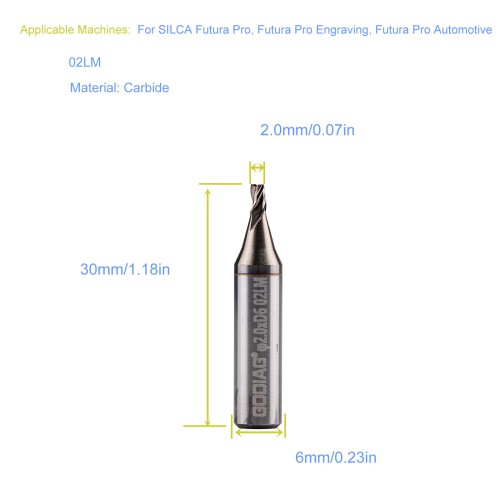 5Pcs GODIAG 02LM 2MM End Milling Cutter φ2.0x3.0xD6x30x3F For SILCA Futura Pro, Futura Pro Engraving, Futura Pro Automotive