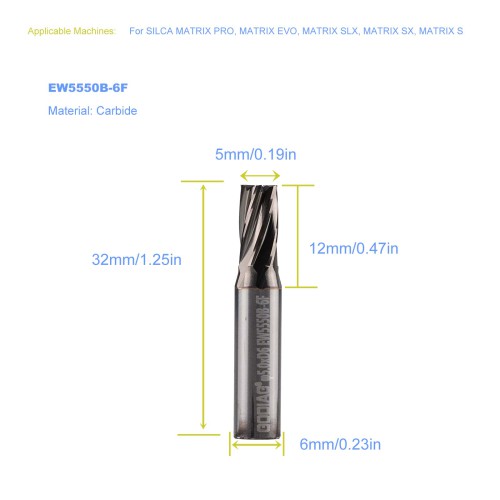 5Pcs GODIAG EW5550B-6F 5MM End Mill Cutter φ5.0x10xD6x32x6F For SILCA MATRIX PRO, MATRIX EVO, MATRIX SLX, MATRIX SX, MATRIX S