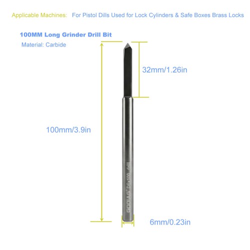 5Pcs GODIAG 100MM Long Grinder Drill Bit D6x33x100 For Pistol Dills Used for Lock Cylinders & Safe Boxes Brass Locks