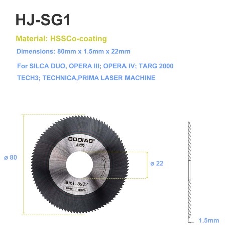 GODIAG HJ-SG1 Side Milling Cutter φ80x1.5xφ22 For SILCA DUO, OPERA III; OPERA IV; TARG 2000, TECH3; TECHNICA,PRIMA LASER MACHINE