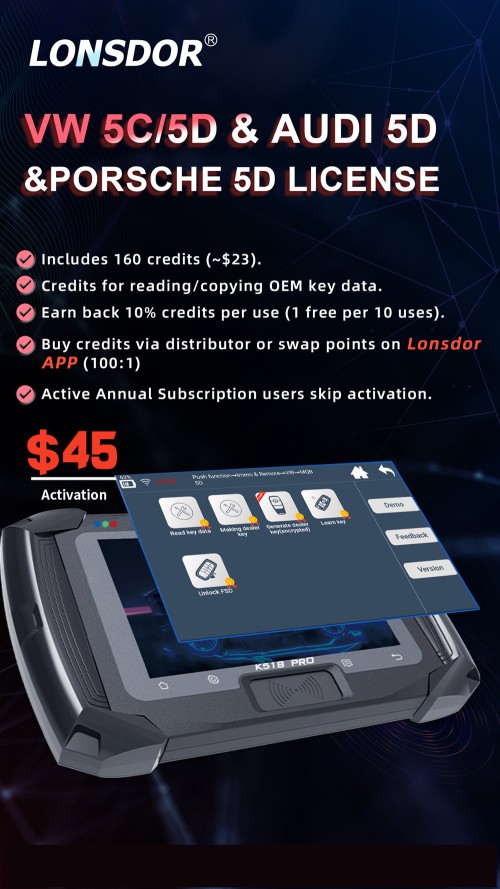 Lonsdor for VW 5C 5D & AUDI 5D &PORSCHE 5D License Activation