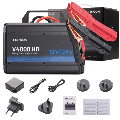 TOPDON V4000 HD 12V/24V 4000A Jump Starter Supports 60 Starts for Passenger vehicles & Light-duty One Jump Starter for All Your Heavy-Duty Needs