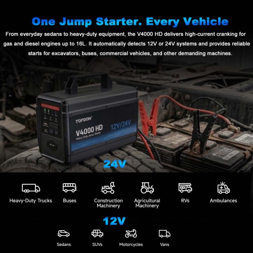 TOPDON V4000 HD 12V/24V 4000A Jump Starter Supports 60 Starts for Passenger vehicles & Light-duty One Jump Starter for All Your Heavy-Duty Needs