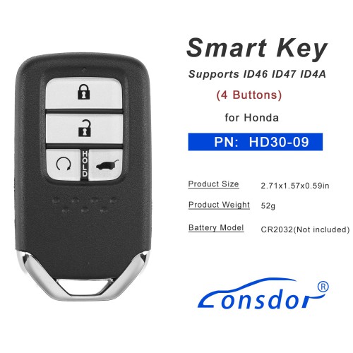 Lonsdor HD30-09 HD30 Smart Key 4 Buttons for Honda Supports ID46 ID47 ID4A