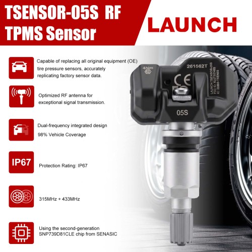 [UK/EU Ship] 4Pcs LAUNCH Tsensor-05S RF TPMS Sensor Metal (Overseas Configuration with Adjustable Angle Sandblasted Silver Aluminum)