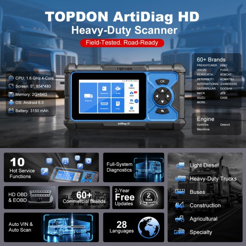 TOPDON Artidiag HD Heavy-Duty Scan Tool Supports 60+ Heavy-duty Brands with 2 Years Free Update