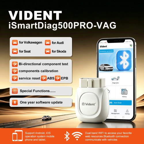 VIDENT iSmartDiag500PRO-VAG Supports Android & iOS, Bluetooth, Basic& Advanced Diagnostics , For Volkawagen, For Audi, For Seat, For Skoda Vehicles