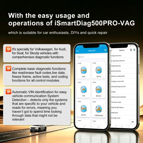 VIDENT iSmartDiag500PRO-VAG Supports Android & iOS, Bluetooth, Basic& Advanced Diagnostics , For Volkawagen, For Audi, For Seat, For Skoda Vehicles