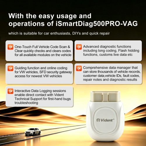 VIDENT iSmartDiag500PRO-VAG Supports Android & iOS, Bluetooth, Basic& Advanced Diagnostics , For Volkawagen, For Audi, For Seat, For Skoda Vehicles