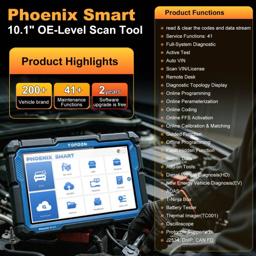 TOPDON Phoenix Smart Diagnostic Tool Supports Cloud-Based Programming for over 13 Car Brands 2 Years Free Update