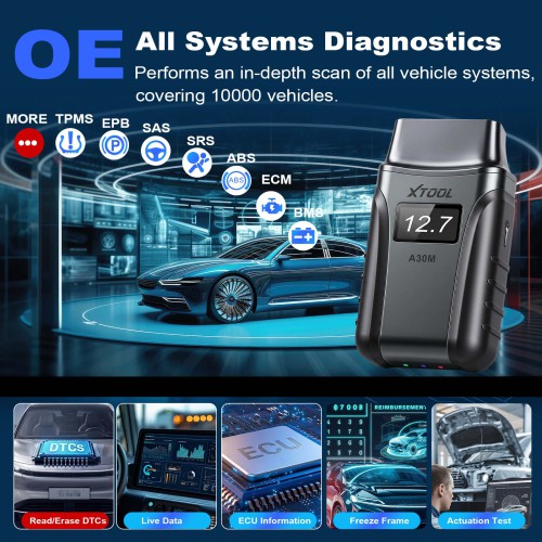 XTOOL A30M OBD2 Car Code Reader, Diagnostic Tool , Supports 26 Special Functions, Full System Diagnostic, Bi-directional Control