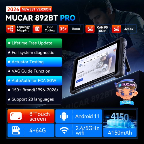 MUCAR 892BT PRO Bluetooth Diagnostic Scanner with AI Function Supports Topology Mapping 35 Reset ECU Coding CANFD & DOIP & J2534 Free Update