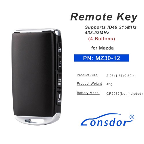 LONSDOR MZ30-12 Remote Key 4 Buttons Supports ID49 315MHz 433.92MHz for Mazda