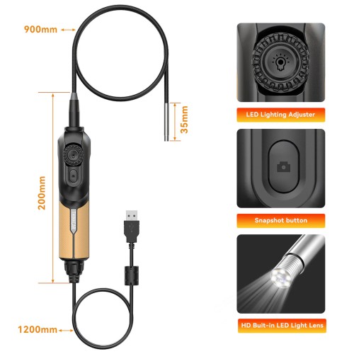 THINKCAR USB Endoscope TES102 with 5.5mm IP67 Tip & 6-Adjustable LED Lights 1280*720 Definition, Works with THINKSCAN 689BT/MUCAR 892BT/MUCAR VO8