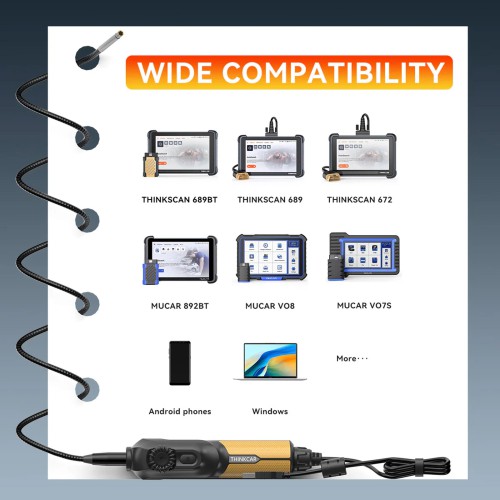 THINKCAR USB Endoscope TES102 with 5.5mm IP67 Tip & 6-Adjustable LED Lights 1280*720 Definition, Works with THINKSCAN 689BT/MUCAR 892BT/MUCAR VO8
