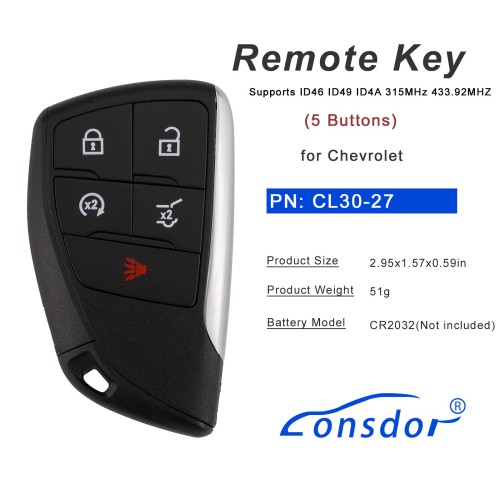 LONSDOR CL30-27 Remote Key 5 Buttons for Chevrolet Supports ID46 ID49 ID4A 315MHz 433.92MHz