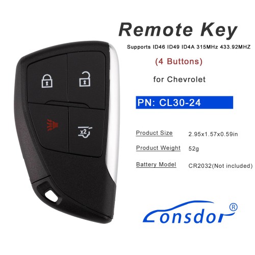 LONSDOR CL30-24 Remote Key 4 Buttons for Chevrolet Supports ID46 ID49 ID4A 315MHz 433.92MHz