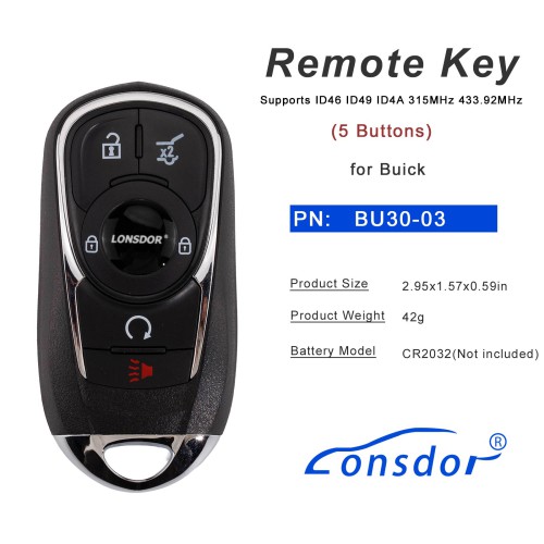 LONSDOR BU30-03 Remote Key 5 Buttons for Buick Supports ID46 ID49 ID4A 315MHz 433.92MHz