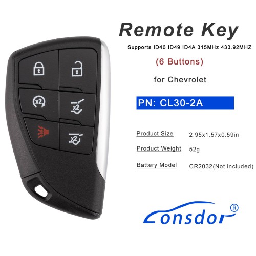 LONSDOR CL30-2A Remote Key 6 Buttons for Chevrolet Supports ID46 ID49 ID4A 315MHz 433.92MHZ
