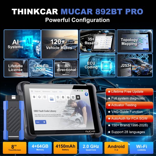 MUCAR 892BT PRO Bluetooth Diagnostic Scanner with AI Function Supports Topology Mapping 35 Reset ECU Coding CANFD & DOIP & J2534 Free Update