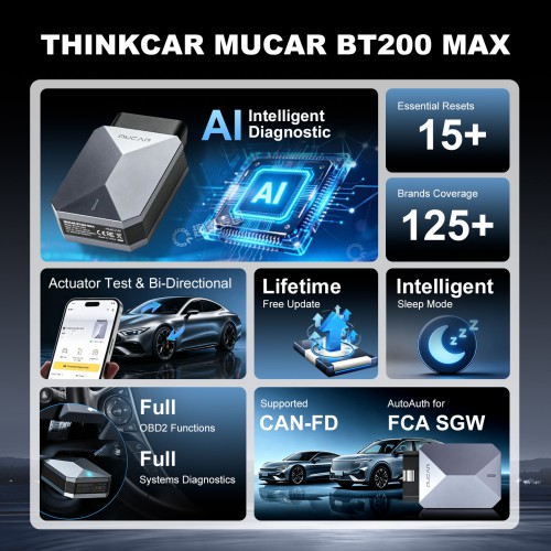 MUCAR BT200 MAX Full OBD2 AI-Powered Diagnostics Scanner Bi-directional Control Support 15+ Reset Services CAN-FD & FCA Lifetime Free Update