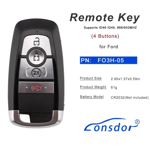 LONSDOR FO3H-05 High Frequency Remote Key for Ford Supports ID46 ID49, 868/902MHZ