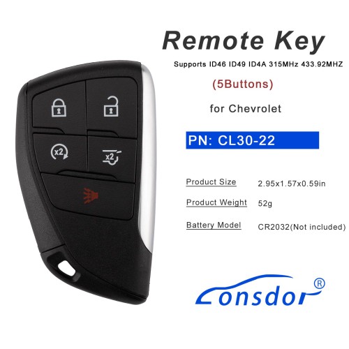 LONSDOR CL30-22 Remote Key 5 Buttons Supports ID46 ID49 ID4A 315MHz 433.92MHZ for Chevrolet