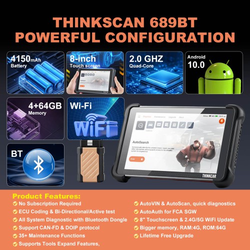 THINKCAR THINKSCAN 689BT Support BT Wireless, CAN-FD & DoIP, OE-Level Full System Diagnostic, 35+ Maintenance Functions