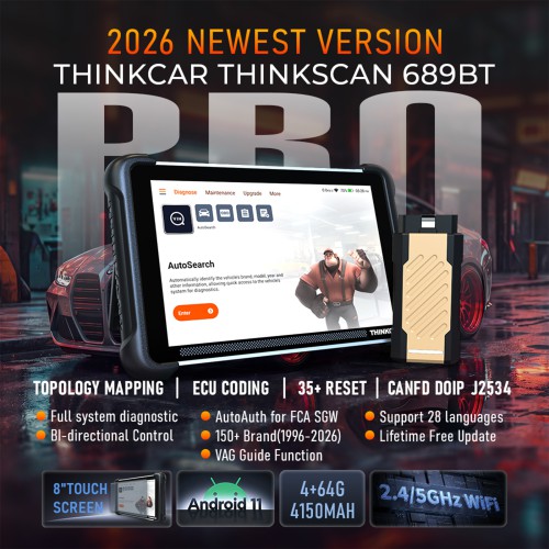 THINKCAR THINKSCAN 689BT PRO Bluetooth Diagnostic Scanner with AI Function, Supports 35 Resets,Topology Mapping, ECU Coding CANFD & DOIP & J2534