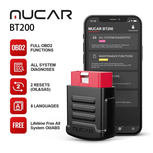 MUCAR BT200 OBD2 Scanner Full OBD2 Functions Supports 2 Reset Services, IOS/Android Bluetooth, 12 Languages