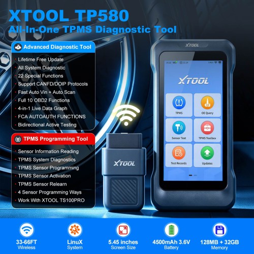 XTOOL TP580 Handheld Automotive TPMS Diagnostic Tool, Supports 22 Special Functions, Full Systems Diagnoses, 22 Kinds of Language