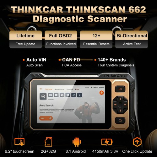 THINKCAR THINKSCAN 662 Diagnostic Scanner Supports CAN FD & Auto VIN 12 Reset Functions 28+ Languages 4 Major Systems Diagnoses Free Update