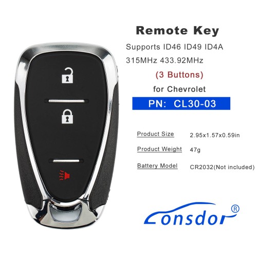 LONSDOR CL30-03 Remote Key 3 Buttons for Chevrolet Supports ID46 ID49 ID4A 315MHz 433.92MHz