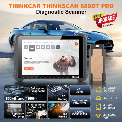 THINKCAR THINKSCAN 689BT PRO Bluetooth Diagnostic Scanner with AI Function, Supports 35 Resets,Topology Mapping, ECU Coding CANFD & DOIP & J2534