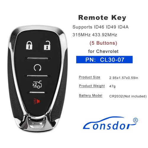 LONSDOR CL30-07 Remote Key 5 Buttons Supports ID46 ID49 ID4A 315MHz 433.92MHz for Chevrolet