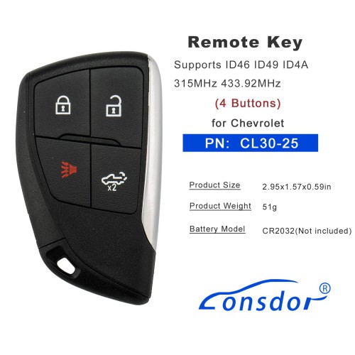 LONSDOR CL30-25 Remote Key 4 Buttons Supports ID46 ID49 ID4A 315MHz 433.92MHz for Chevrolet