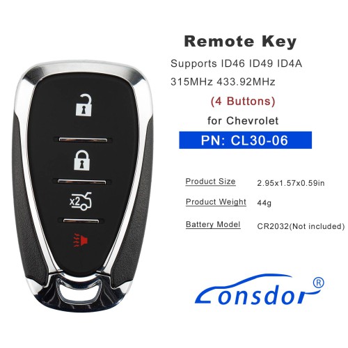 LONSDOR CL30-06 Remote Key 4 Buttons Supports ID46 ID49 ID4A 315MHz 433.92MHz for Chevrolet