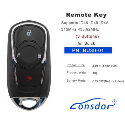 LONSDOR BU30-01 Remote Key 3 Buttons for Buick Supports ID46 ID49 ID4A 315MHz 433.92MHz