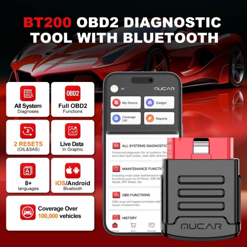 MUCAR BT200 OBD2 Scanner Full OBD2 Functions Supports 2 Reset Services, IOS/Android Bluetooth, 12 Languages