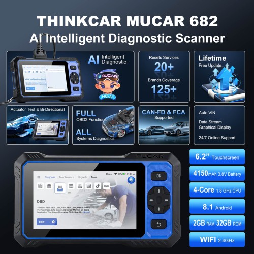MUCAR 682 AI Intelligent Diagnostic Scanner OE-level Full System Diagnostics Supports CAN FD & FCA AutoAuth 20+ Reset Functions