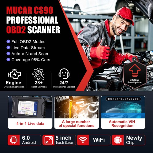 MUCAR CS90 Diagnostic Scanner Supports Engine System Diagnoses, 28 Reset Service Functions, ECM Diagnosis, Full OBDII Diagnostics