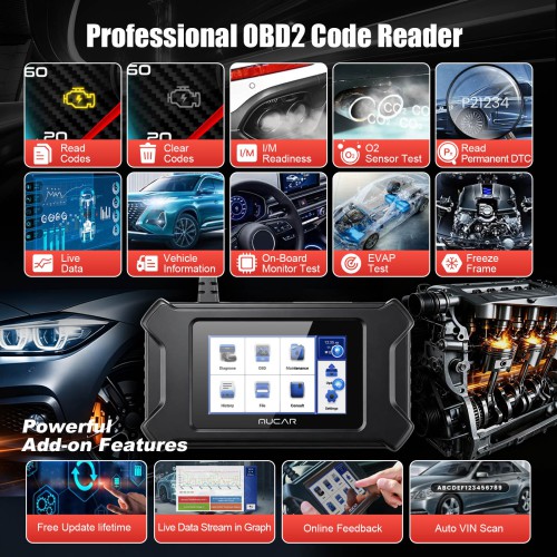 MUCAR CS90 Diagnostic Scanner Supports Engine System Diagnoses, 28 Reset Service Functions, ECM Diagnosis, Full OBDII Diagnostics