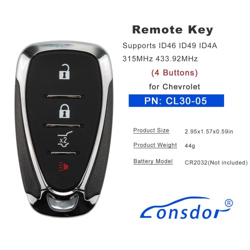 LONSDOR CL30-05 Remote Key 4 Buttons for Chevrolet Supports ID46 ID49 ID4A 315MHz 433.92MHz